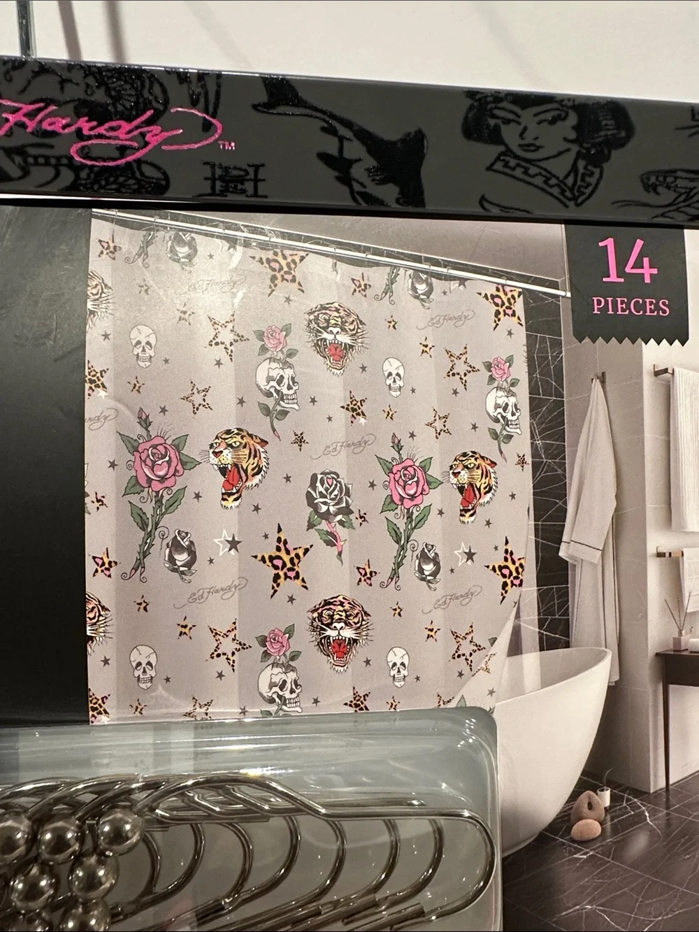 NWT Ed Hardy Roses/Tiger (14) Piece Shower Curtain Set with Fabric/Plastic.